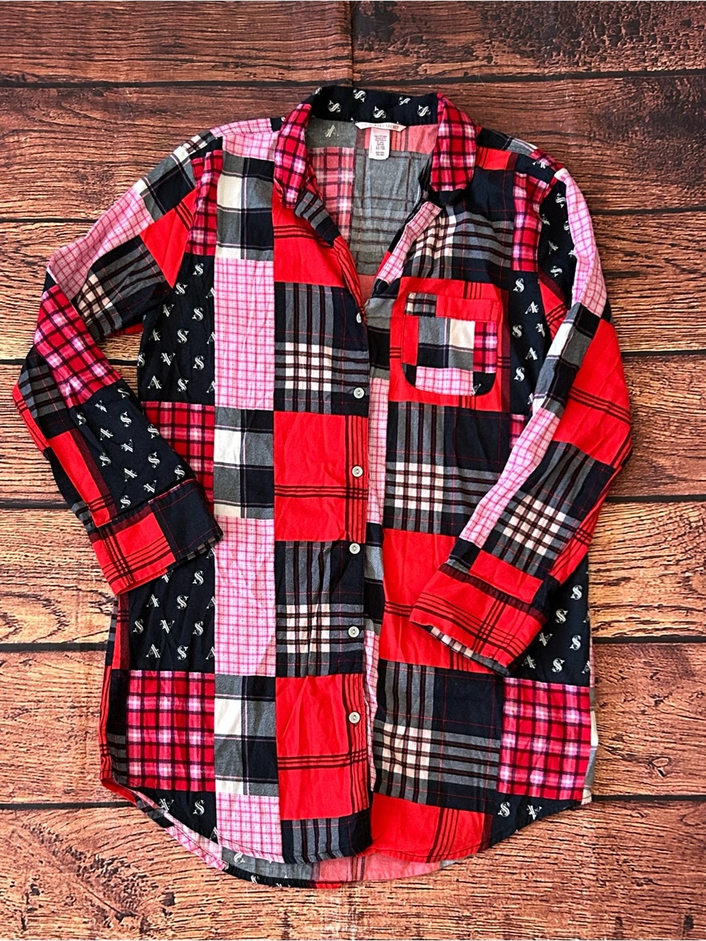 Victoria Secret Patchwork Plaid Button-Up Shirt in Red, Black & Pink